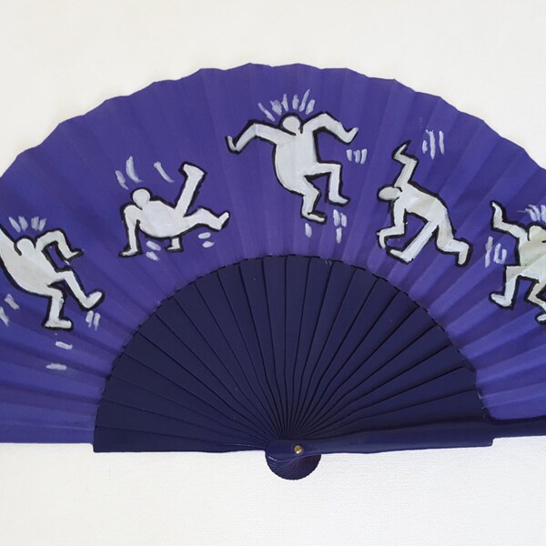 Keith Haring-Blue hand fan-Spanish Fan-Hand painted-Unique Fan-Wedding fan-Folding fan-Fashion accesories-Exclusive gift-Gifts for her