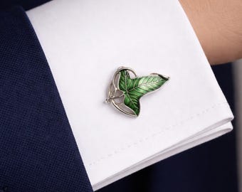 Boutons de manchette feuille elfique - Le Seigneur des anneaux s'inspire de bijoux de forêt fantastique, accessoires de mariage dans les bois, cadeau unisexe