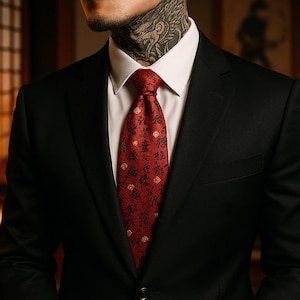 Red Silk Necktie: Handmade Japanese Yakuza Style with Chinese Calligraphy
