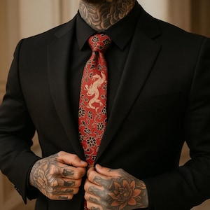 Red Silk Dragon Necktie: Handmade Kimono-Inspired Yakuza Style