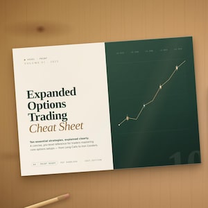 Puede incluir: Una "Expanded Options Trading Cheat Sheet" con un diseño verde y blanco, con un gráfico de líneas. Varias otras páginas con gráficos financieros y una taza de café también son visibles sobre una superficie de madera.