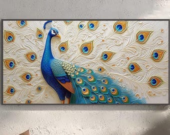 Peacock Painting, Blue Peacock Feather Art , Texture and Gold Accents for Wall Decor