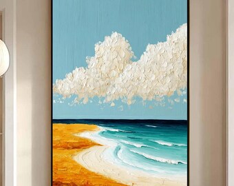 Impasto Beach Painting, Teal Blue Gold Sand Seascape, Textured Ocean Wall Art