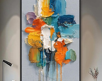 Vibrant Impasto Palette Knife Abstract — Textured Color Block Canvas, Modern Orange Blue Wall Art