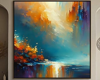 Teal Orange Abstract Painting Gold Sunset Impasto Textured Canvas Modern Wall Art