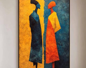 Lebendiges abstraktes Paar-Ölgemälde, strukturierte Figur Kunstwerk, modernes Wanddekor