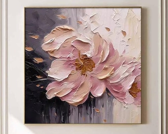 3D Pink Flower Impasto Oil Painting, Textured Floral Artwork, Gray Gold Bedroom Art