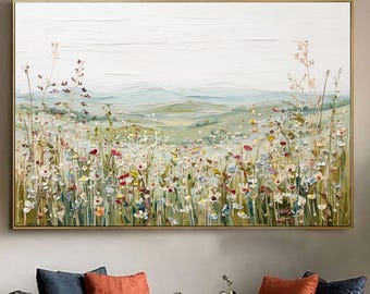 Impasto Wildflower Meadow Painting, Textured Floral Landscape Wall Art
