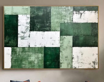 Textured Geometric Green Abstract Canvas Painting, Emerald Mint White Squares