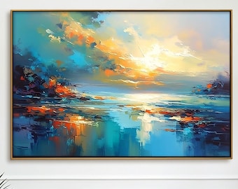 Teal Orange Sunset Painting Abstract Seascape Canvas Ocean Gold Wall Art