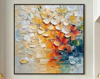 Gold Orange Floral Painting Impasto Textured Abstract Canvas Modern Wall Art
