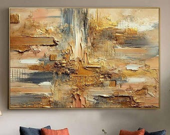 Abstract Cityscape Oil Painting  Textured Gold Bronze Canvas Art  Modern Urban Wall Decor