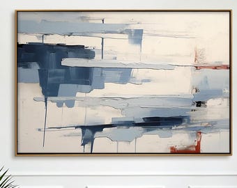 Abstract Blue Oil Painting – Layered Coastal Wall Art, Minimalist Home Decor