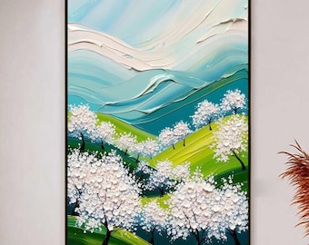 Impasto Cherry Blossom Landscape Painting, Textured Hills Canvas Wall Art