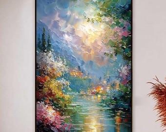 Impasto Landscape Painting, Palette Knife Lake Reflections, Floral Sunset Cottage Art