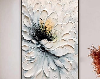 White Palette Knife Floral — Textured Impasto Flower Painting, Neutral Black-Center Wall Art