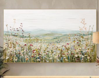 Impasto schilderij wilde bloemenweide, bloemenlandschap muurkunst met textuur