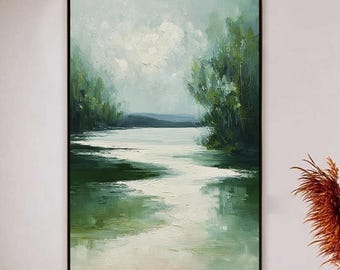 Serene Green Lake Impasto — Palette Knife Landscape, Misty Water & Trees, Textured Wall Art
