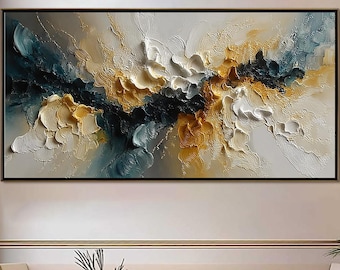 Abstract Geode Painting, Blue Teal Gold Textured Canvas Art, Metallic Accents