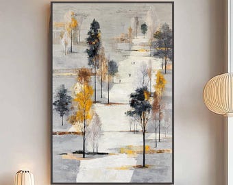Textured Winter Forest Painting, Grey Yellow Abstract Landscape Canvas, Nordic Style Wall Art