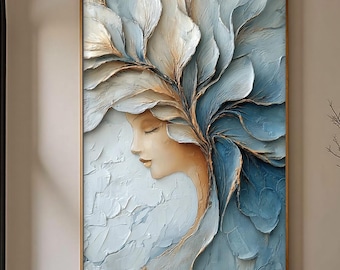 Textured Woman Portrait Painting, Blue Teal Gold Impasto Floral Face Art, Feminine Wall Decor