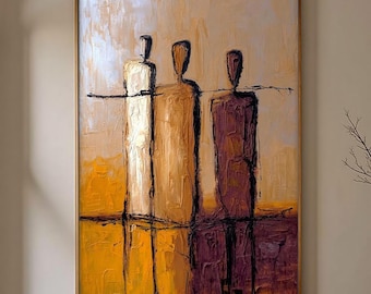 Abstract Three Figures Painting Gold Amber Impasto Textured Canvas Modern Wall Art