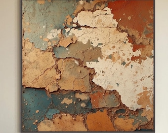 Abstract Earthy Texture Painting, Terracotta Beige,Rust Crackle Wall Art , Blue Highlights,Modern Decor