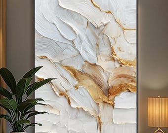 White & Gold Impasto Painting — Palette Knife Texture, Luxurious Neutral Floral Abstract, Modern Wall Art