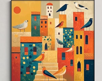 Colorful Birds Painting Mediterranean Village Folk Art Canvas Whimsical Wall Decor