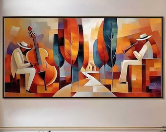Hand-Painted Jazz Music Painting, Abstract Saxophone Piano Art, Geometric Style Wall Decor