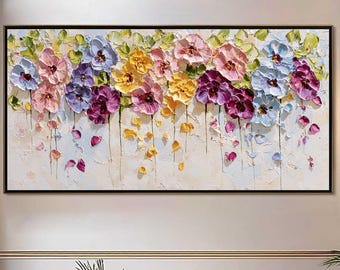 Impasto Floral Painting, 3D Textured Pansy Wall Art, Hand-Painted Canvas Decor
