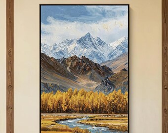 Hand-Painted Snowy Mountain Autumn Valley Landscape Oil Painting – Golden Forest River Wall Art