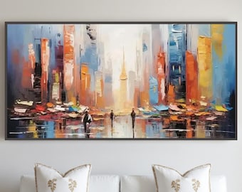 Handmade Impasto Cityscape Painting, Palette Knife Skyline Canvas, Abstract Urban Art