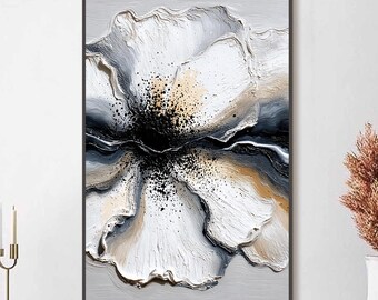 Monochrome Floral Impasto — Textured Palette Knife Flower, Black White Gold Abstract Wall Art