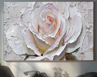 Impasto White Rose Painting, Textured Floral Canvas Wall Art, Palette Knife Rose Decor
