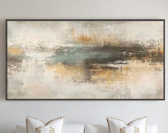 Textured Coastal Abstract Painting – Muted Teal Gold Accents, Modern Wall Art Canvas