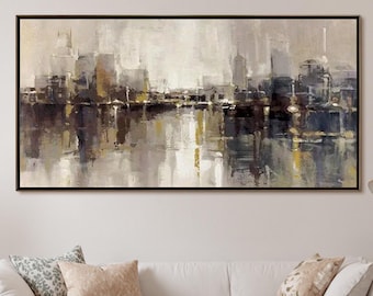 Abstract Skyline Impasto Painting – Muted Grays, Gold Accents, Modern Wall Art