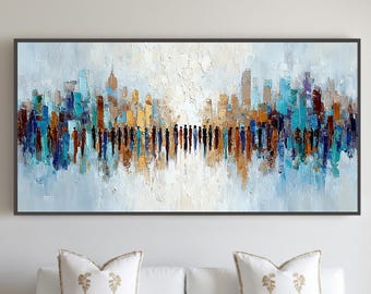 City Skyline Impasto — Palette Knife Urban Abstract with Figures, Teal & Gold Textured Wall Art