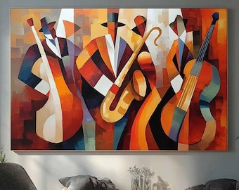 Midcentury Cubist Jazz Band Painting, Saxophone, Bass, Cello Wall Art