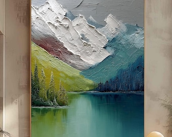 Textured Mountain Lake Impasto Painting — Palette Knife Landscape, Teal & Green Alpine Wall Art