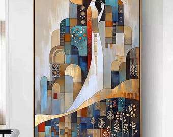Pintura Art Déco de una mujer en lienzo abstracto geométrico dorado y azul. Arte moderno para pared.