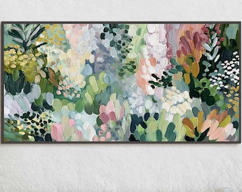 Impressionist Oil Painting, Textured Floral Garden Wall Art, Pastel Meadow Scene Canvas