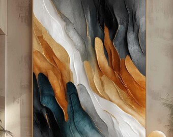 Teal Gold Abstract Painting, Textured Impasto Canvas, Contemporary Wall Art Decor