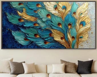 Teal Gold Peacock Feather Painting, Textured Impasto Canvas Wall Art, Luxe Metallic Accent