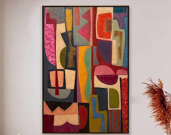 Lienzo abstracto geométrico pintado a mano, arte mural de estilo cubista de mediados de siglo.