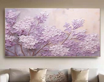 Textured Lilac Oil Painting, 3D Impasto Floral Canvas Art, Living Room Decor