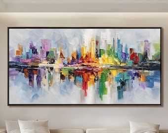 Abstract Cityscape Oil Painting, Vibrant Urban Reflection Art, Impasto Texture
