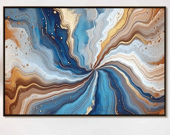 Blue Gold Geode Abstract Painting, Metallic Swirl Canvas Wall Art
