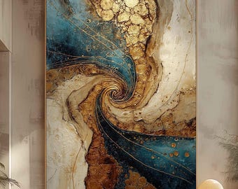 Teal Gold Abstract Swirl Painting, Textured Metallic Canvas Wall Art
