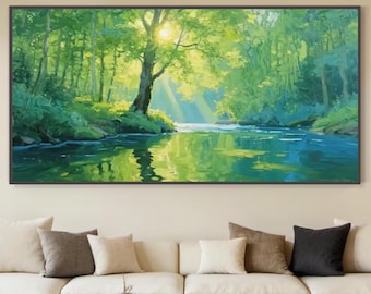 Original Forest River Oil Painting – Sunlit Woodland Nature Wall Art